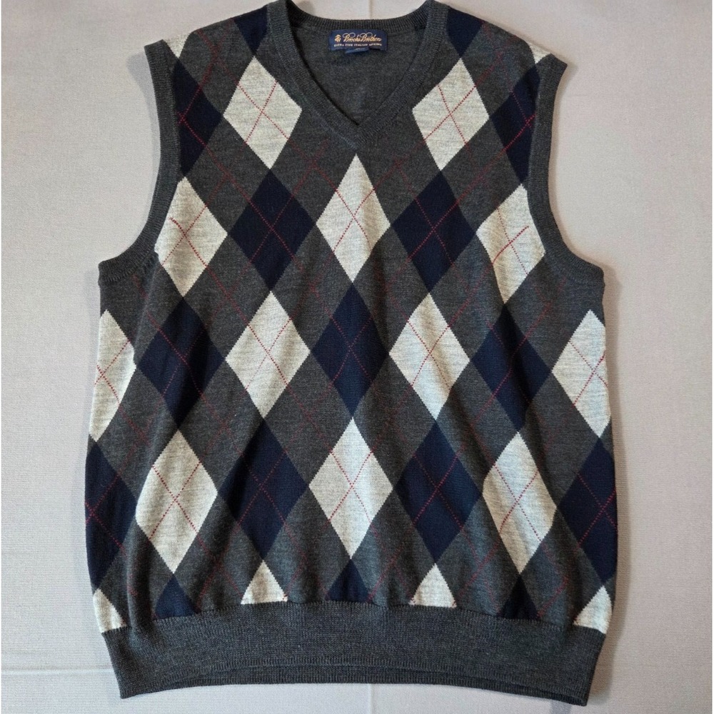Brooks Brothers Vest Mens Medium Gray Blue 100% Wool Old Money Pullover Sweater